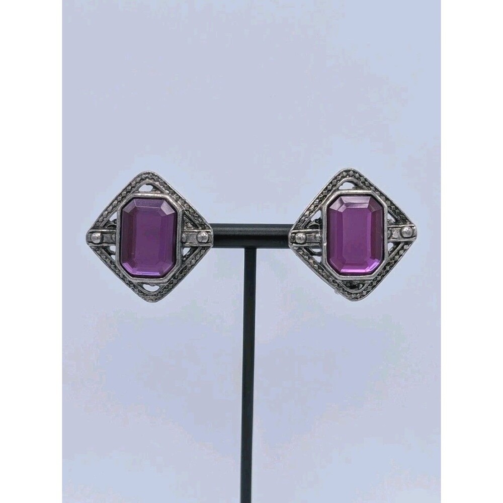 Vintage Emerald Cut Amethyst Purple Plastic Silver Tone Clip Earrings Filigree